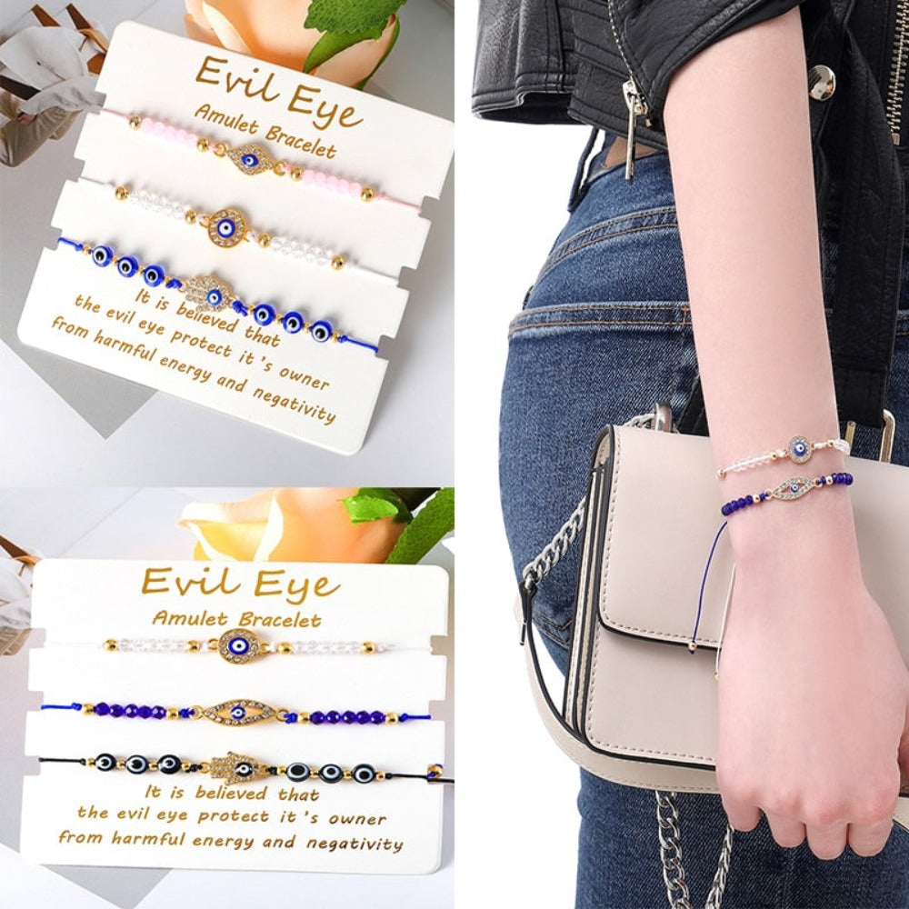 Bohemian Evil Eye Bracelet Set for Women and Men - Handmade Braided Anklets with Crystal Beads, Lucky Wish Jewelry for Protection