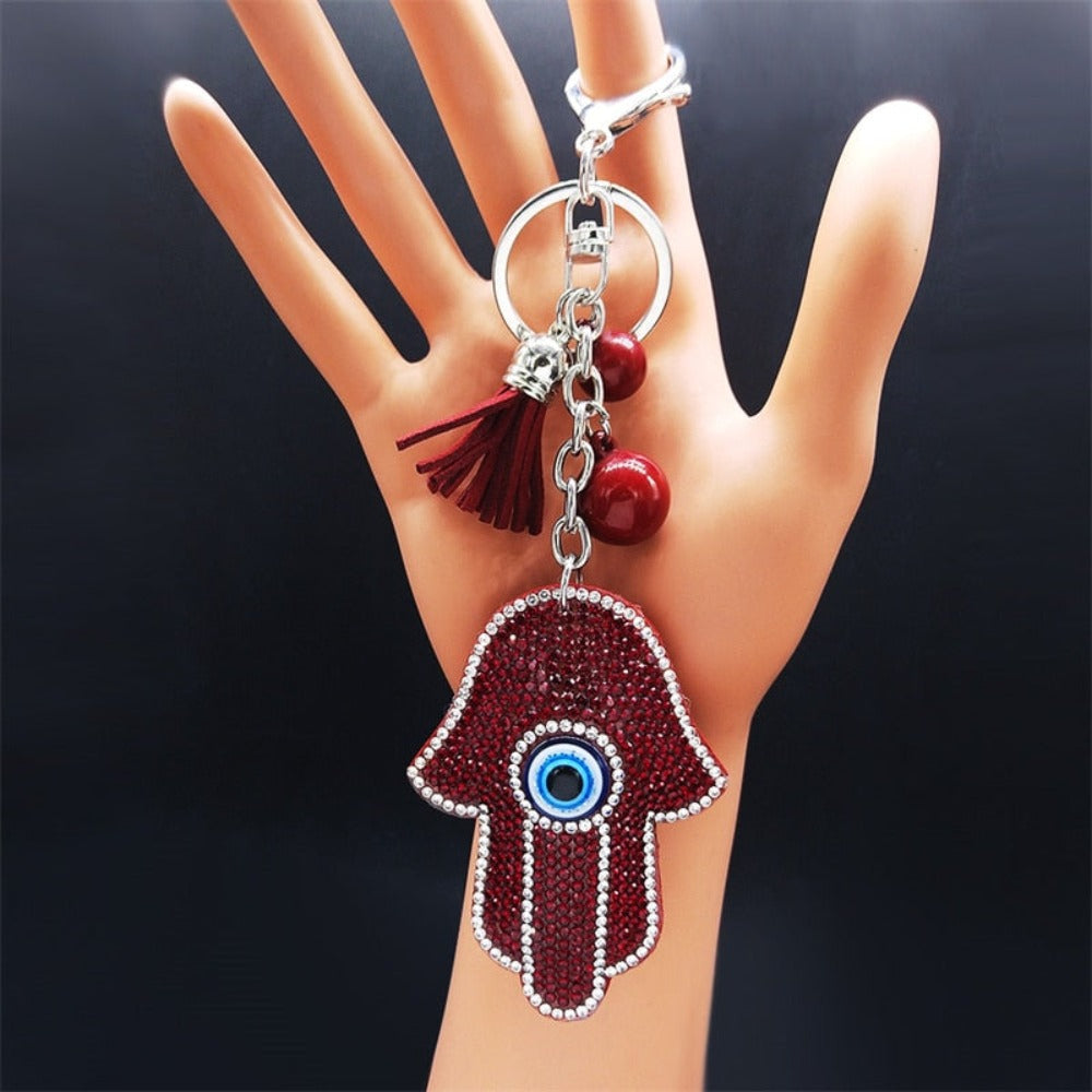 Protect Your Good Luck: Red Crystal Turkish Eye Hamsa Hands Keychains