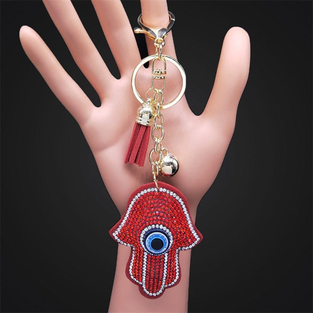 Protect Your Good Luck: Red Crystal Turkish Eye Hamsa Hands Keychains