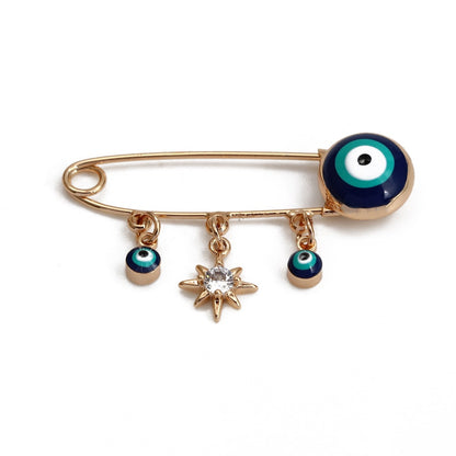 Ward off Bad Luck with our Turkish Evil Eye Brooch Pin with Flower Crown, Hamsa Hand, and Star Charms