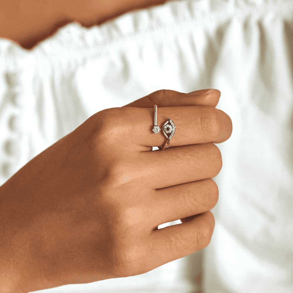 Women's Lucky Evil Eye Adjustable Ring with Blue Zircon and Shining Sterling Silver