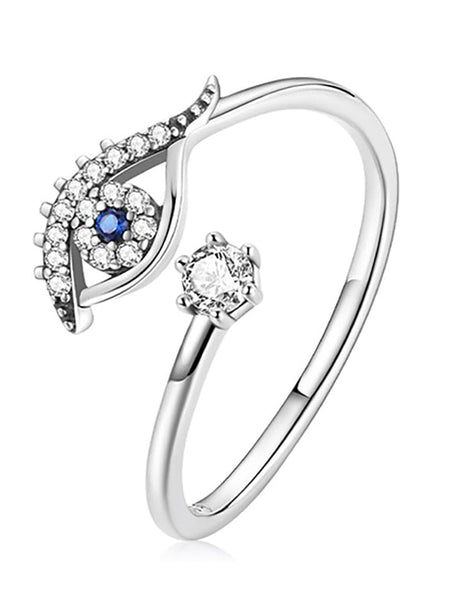 Women's Lucky Evil Eye Adjustable Ring with Blue Zircon and Shining Sterling Silver