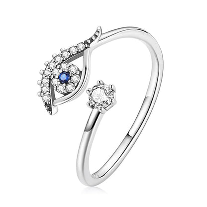 Women's Lucky Evil Eye Adjustable Ring with Blue Zircon and Shining Sterling Silver
