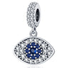Silver tone almond eye dangle with a blue center, rows of clear accents and a decorated bail